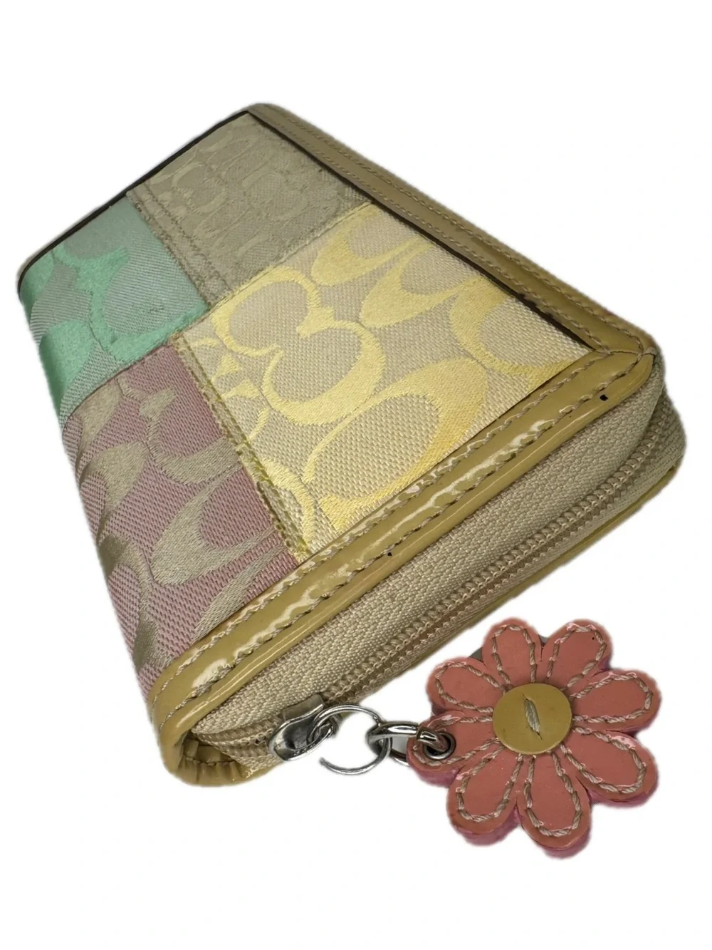 Coach Patchwork Signature Zip Wallet in Pink, Green, Yellow and Tan